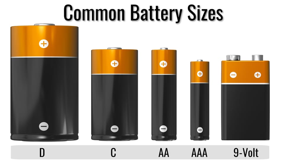 Common battery sizes and types.