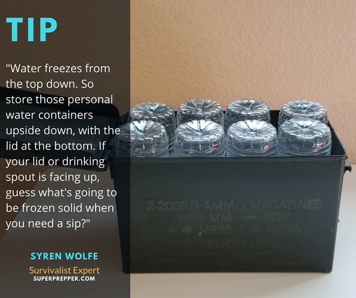 Bottled water stored upside down in an ammo can.