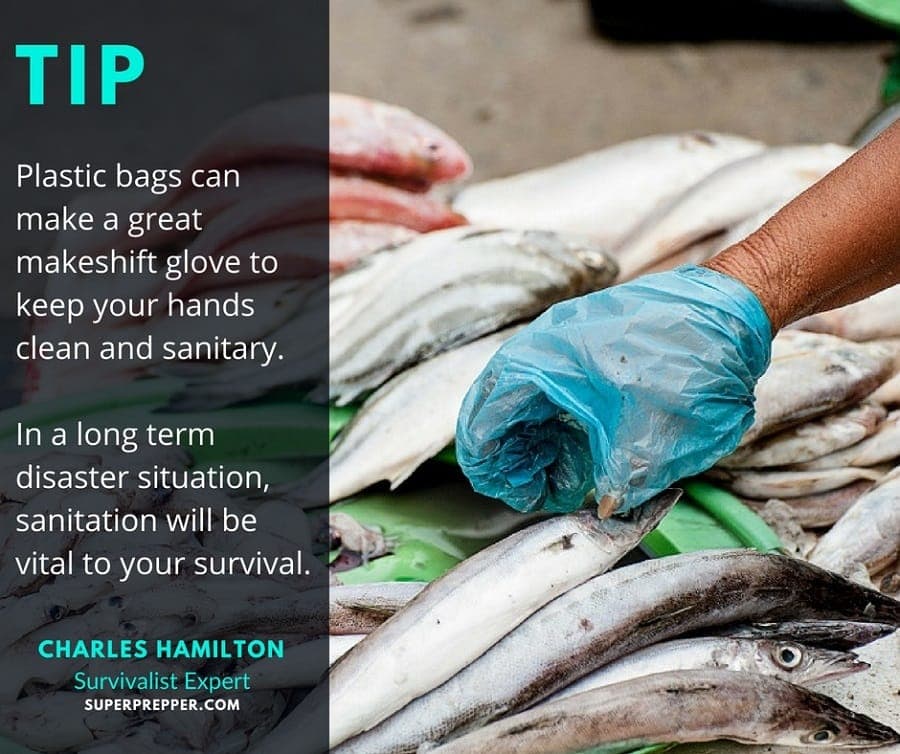 Survival tip for using plastic bags as emergency gloves.