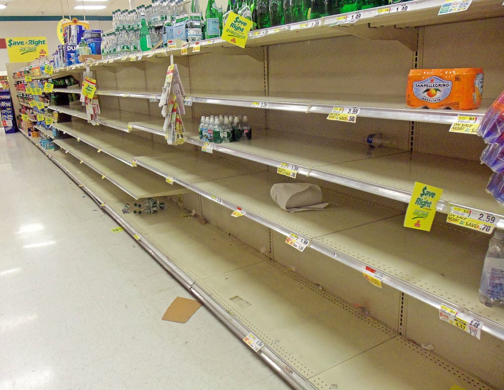 News of a hurricane prompt a run on food at the local grocery store.