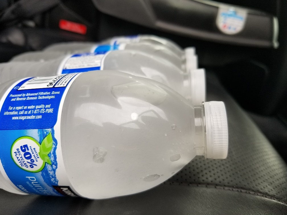 Water bottles left in a cold car can freeze.