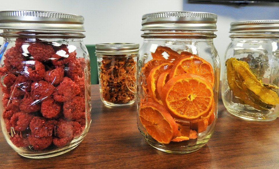 Home made dehydrated food in mason jars for long term storage.