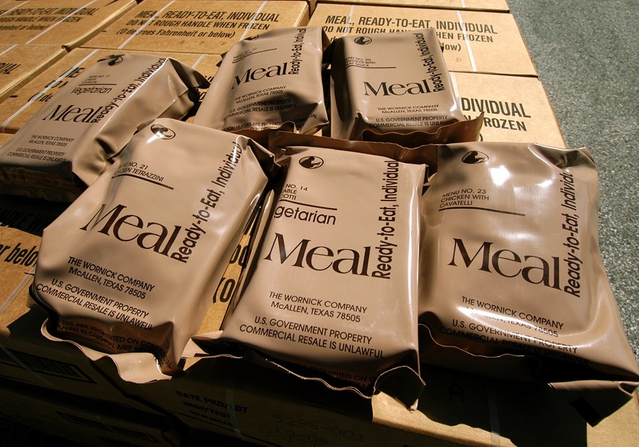 An emergency supply of MRE meals.